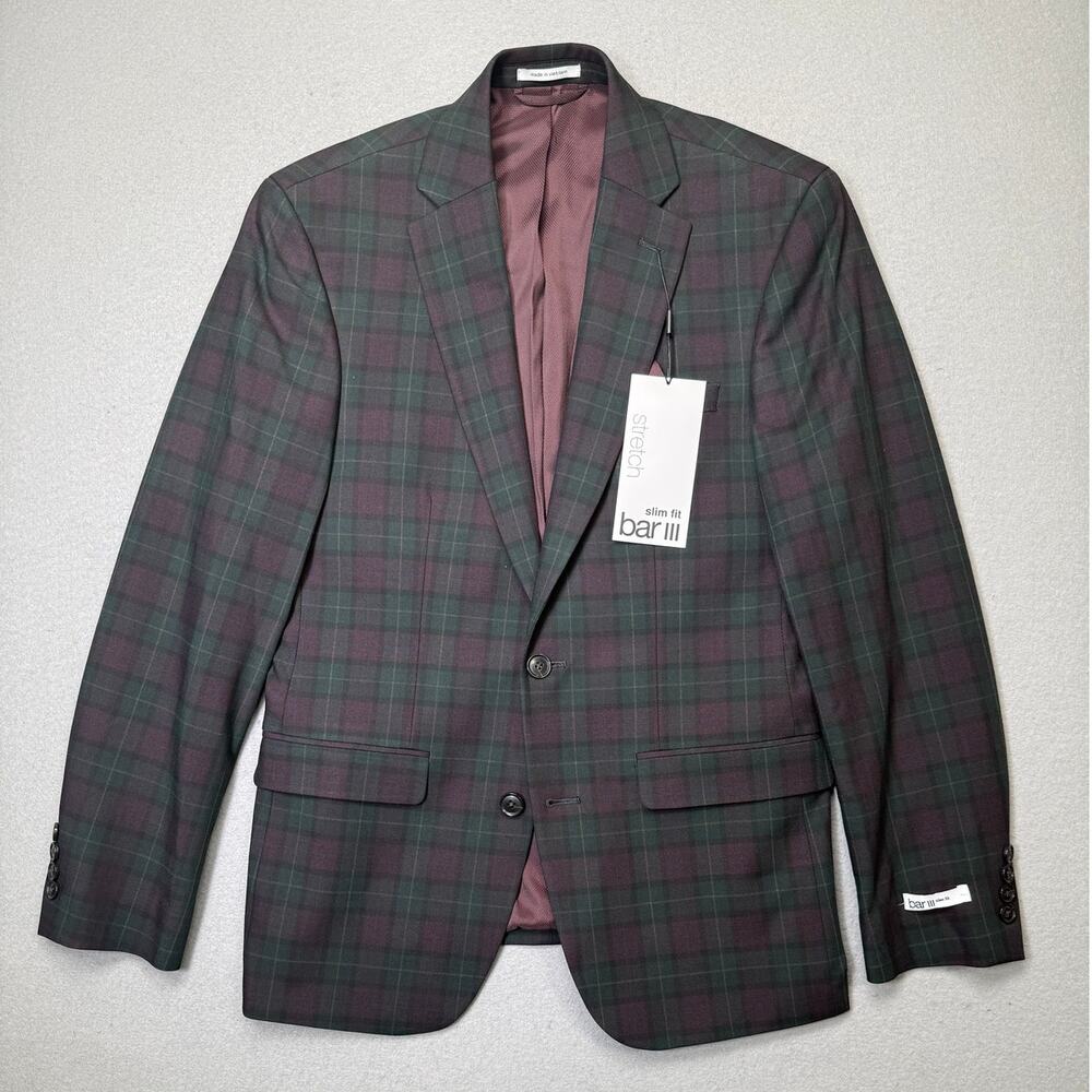 Bar III Men's Slim-Fit Wool Blend Suit Jacket Green/burgundy plaid 36S $425